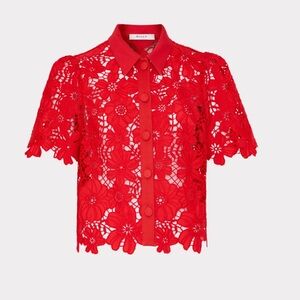 Milly Addison Roja Lace Top, a red embroidered floral lace button-up blouse